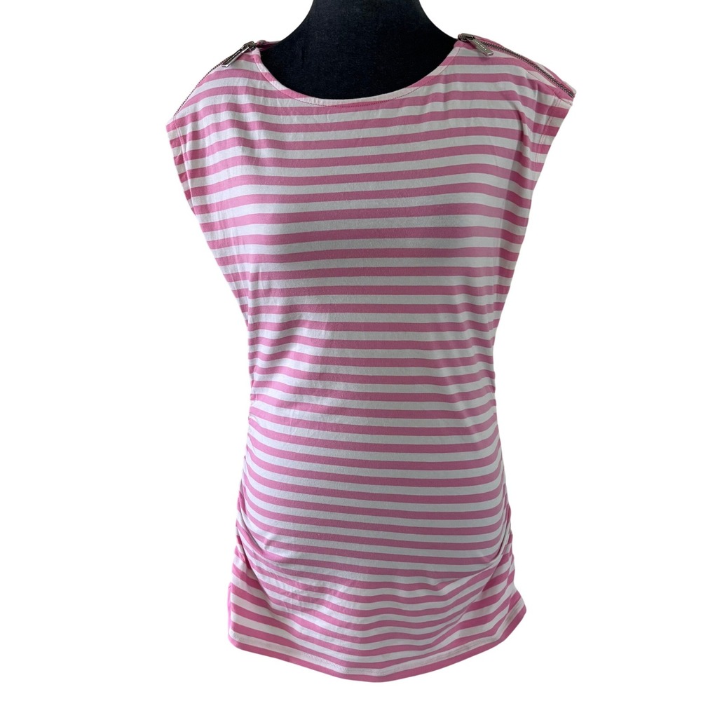 Michael Kors Barbiecore Preppy Pink Striped Ruched Sleeveless Top Zipper Trim M